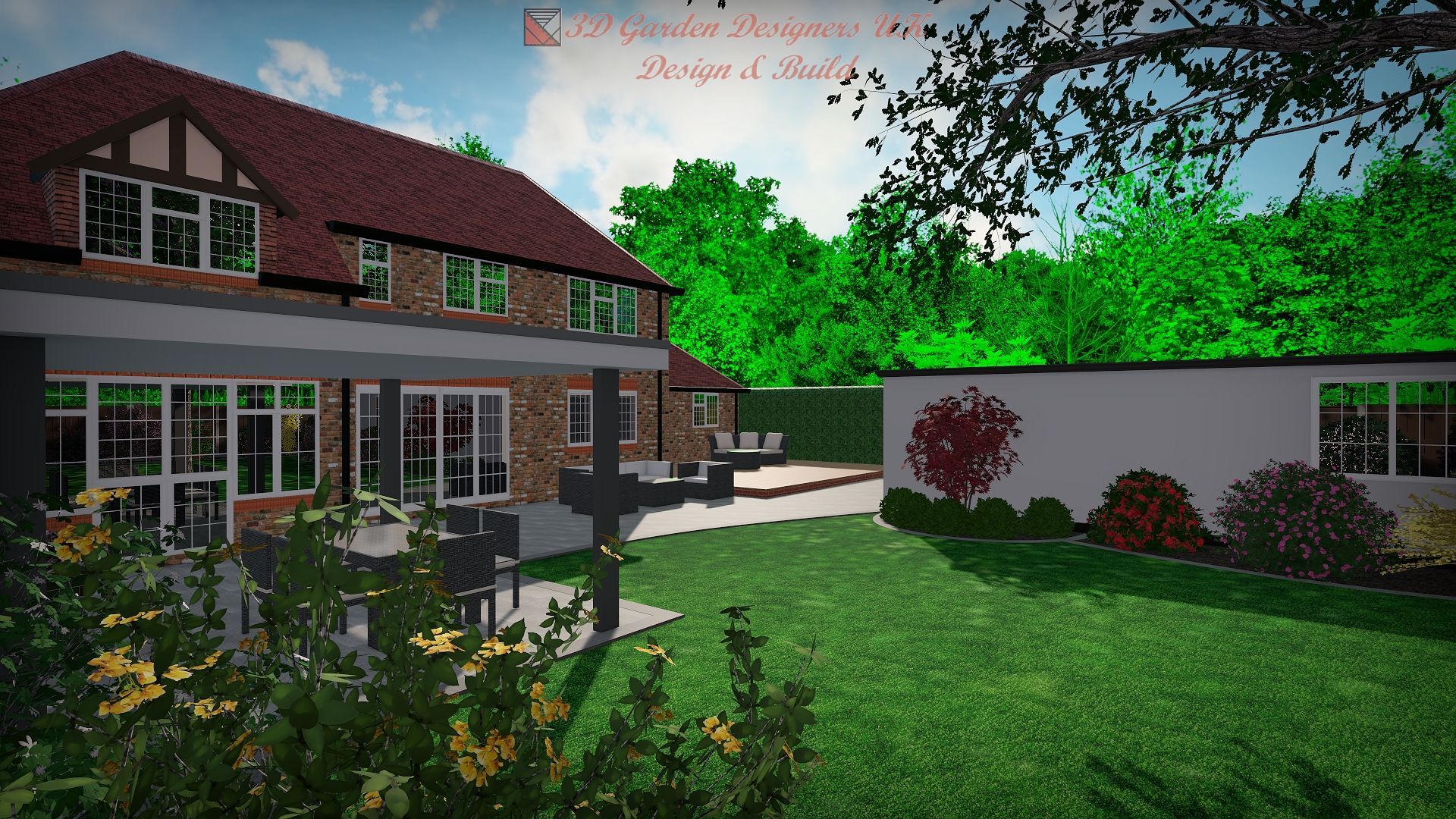 A backyard rendering of a two-story brick house with a patio, garden, and green lawn.