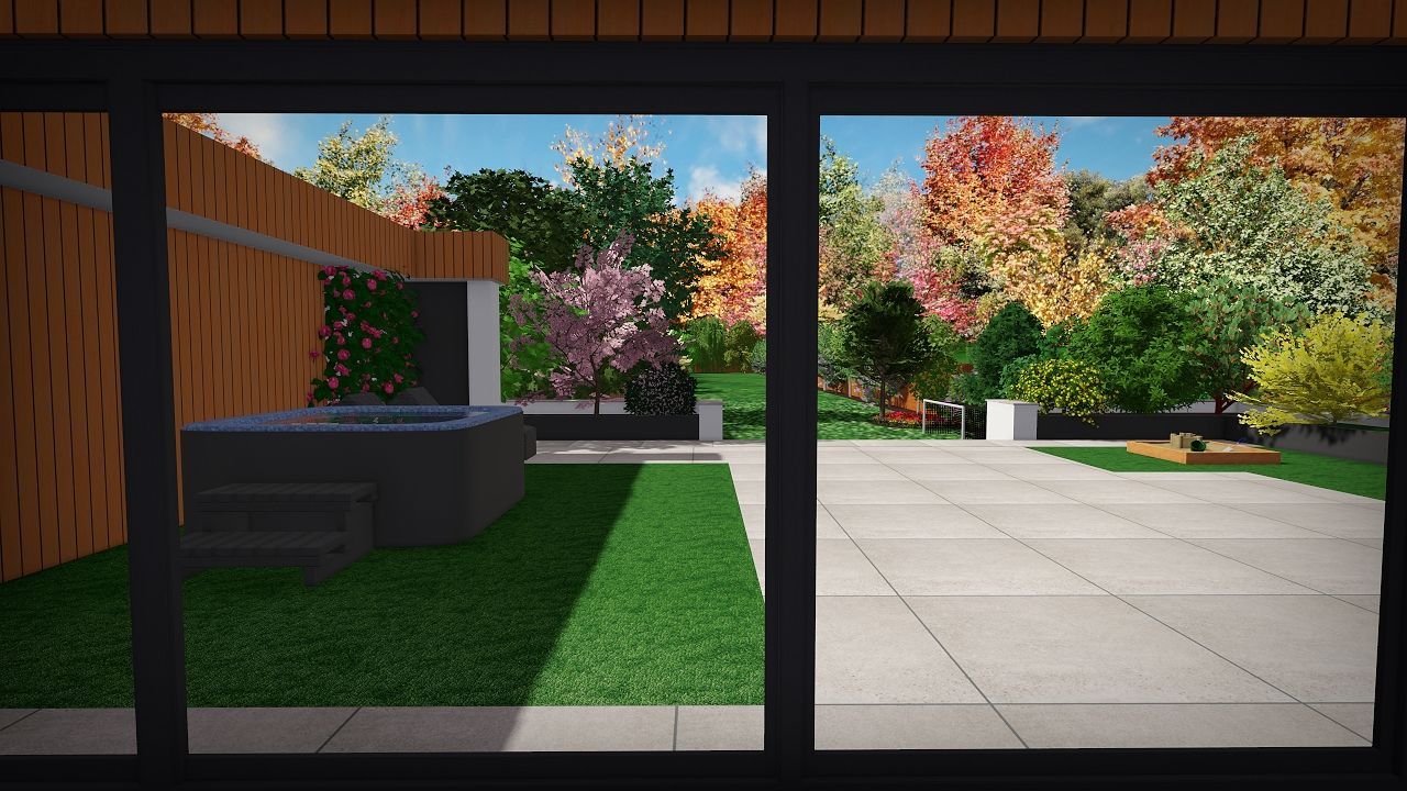 View through glass doors of a modern backyard: hot tub, patio, green lawn, and colorful autumn trees.