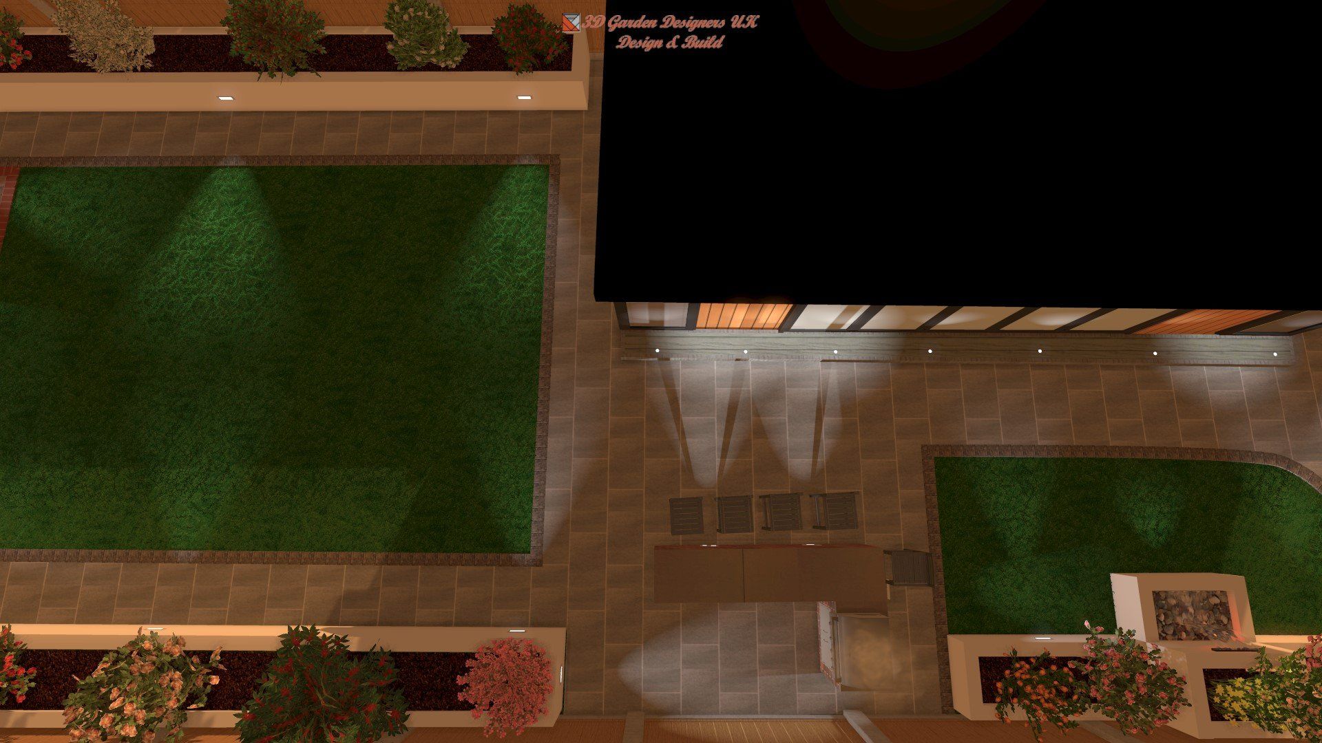 An aerial view of a building with a lawn in the middle of it.