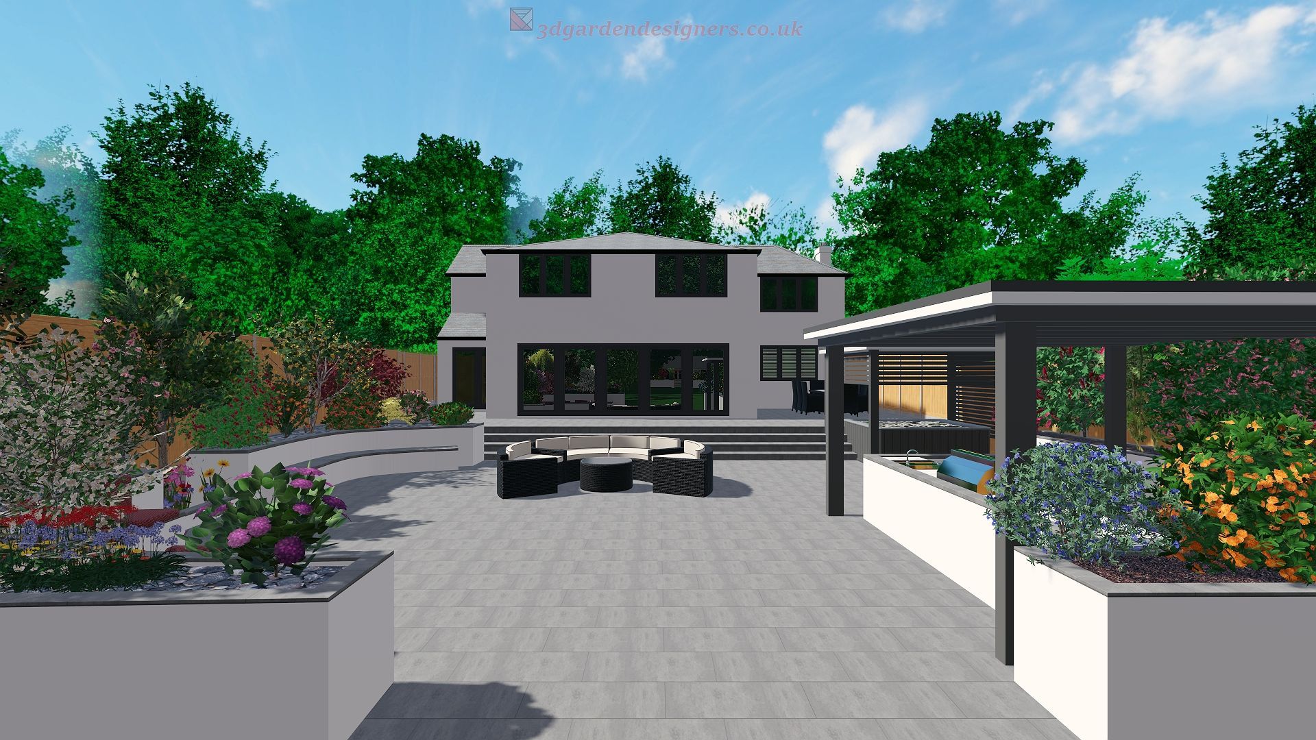 Modern home exterior with patio, outdoor seating, pool, and lush landscaping.
