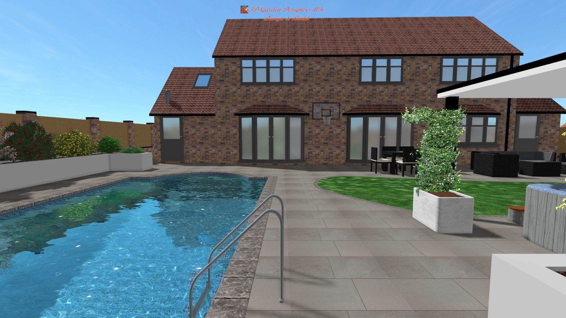 A computer generated image of a house with a large swimming pool in front of it.