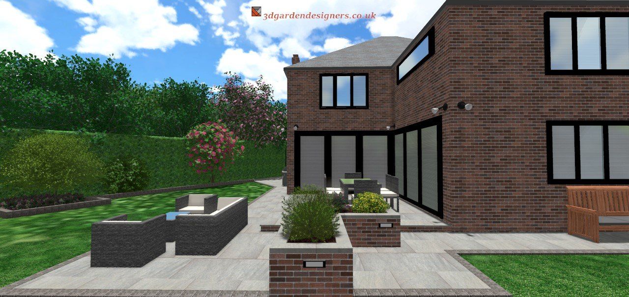 A computer generated image of a brick house with a patio in front of it