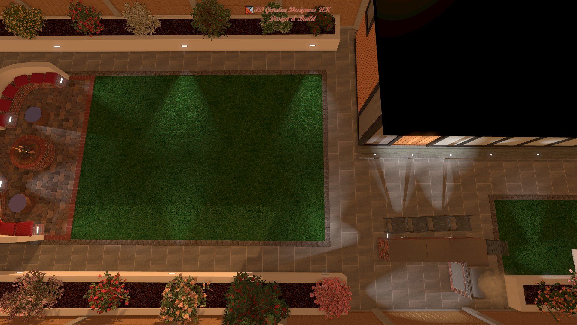 An aerial view of a garden with a pool and trees at night.