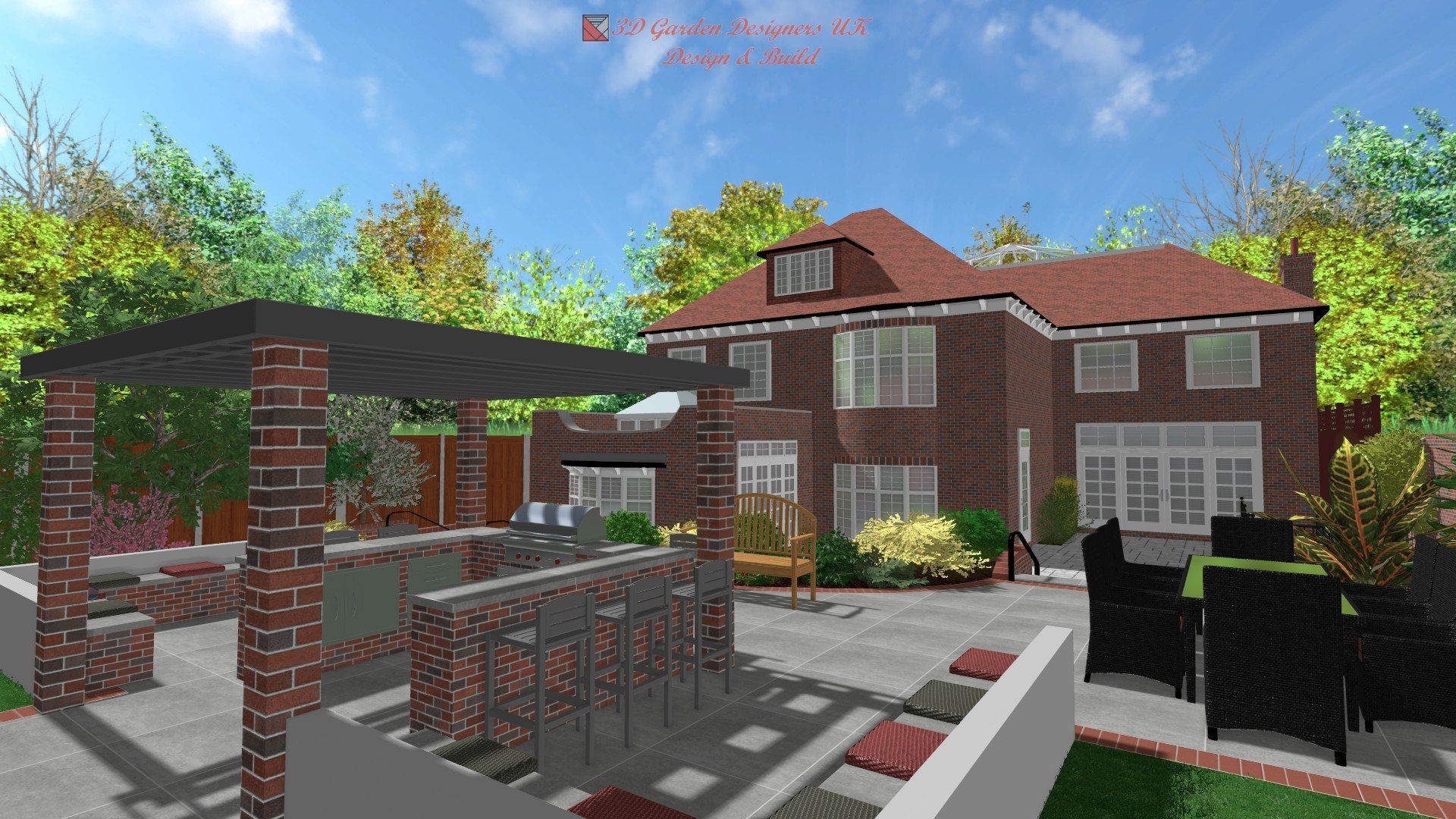 A computer generated image of a brick house