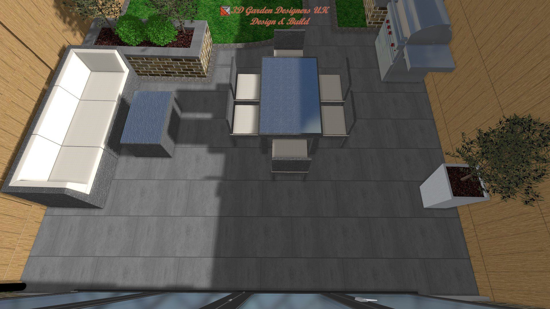 An aerial view of a patio with a table and chairs