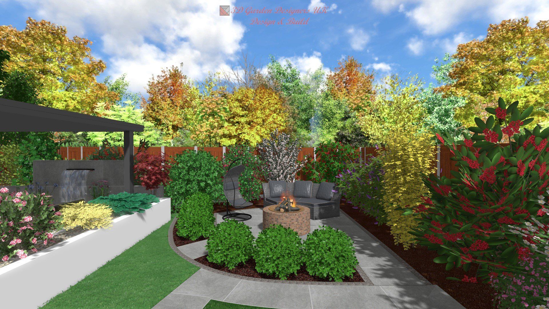 A computer generated image of a backyard with a fire pit surrounded by trees.