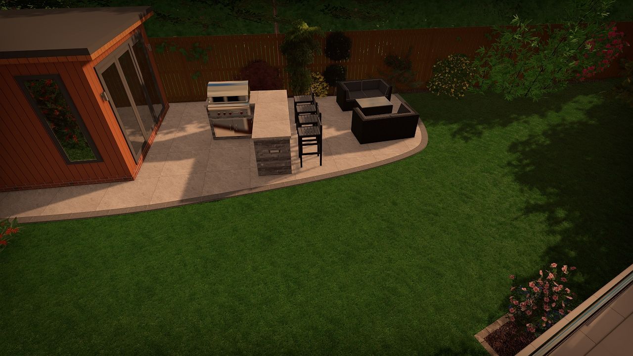 Backyard patio with wooden shed, table, chairs, and barbecue grill on green grass.