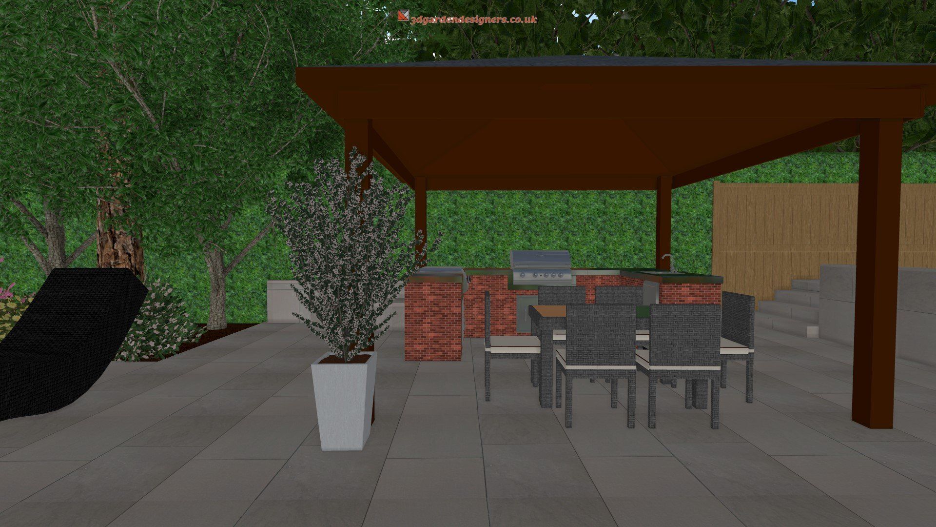 A computer generated image of a patio with a table and chairs under a pergola.