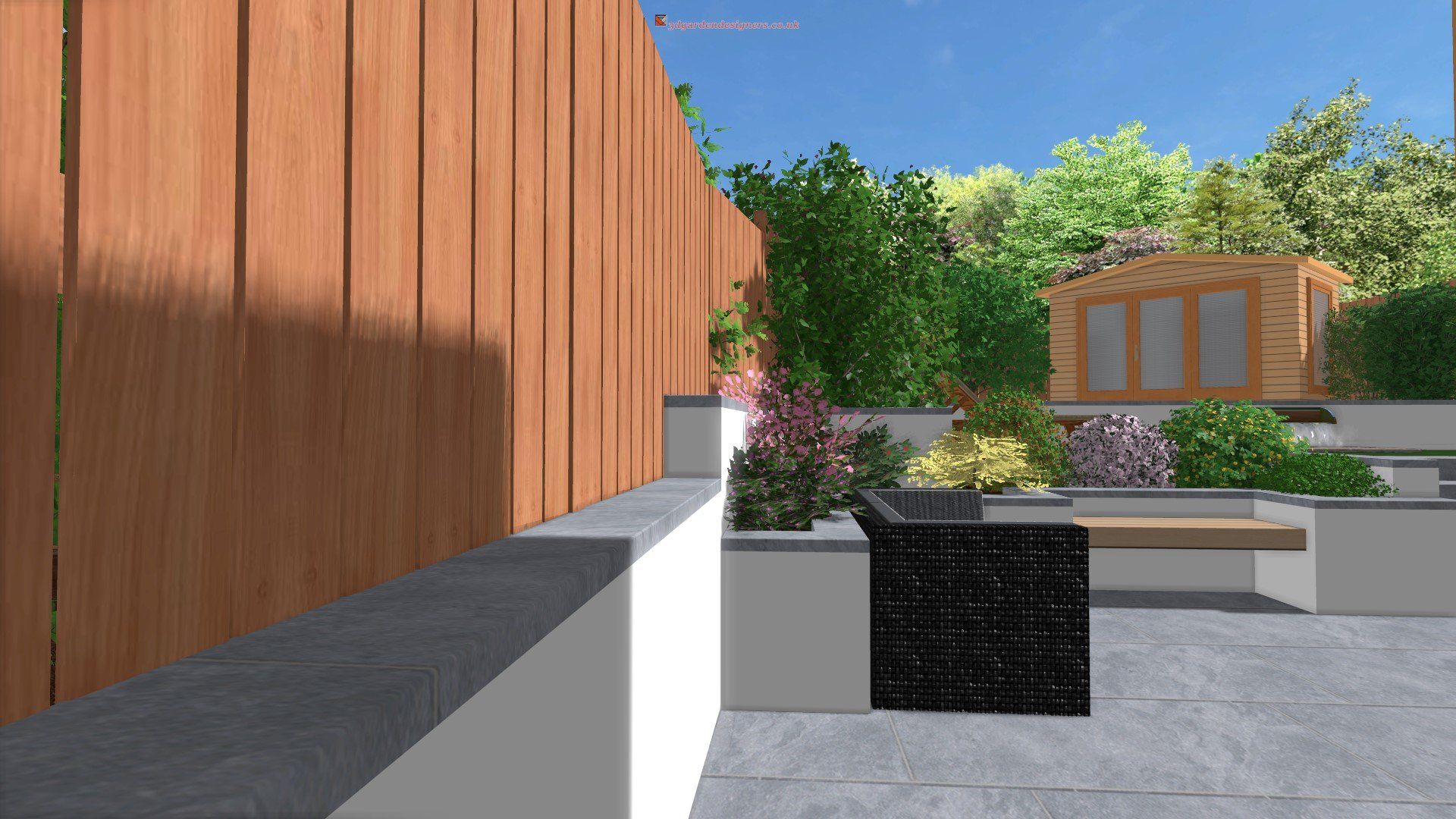 A computer generated image of a patio with a wooden fence