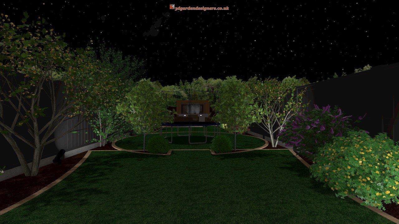 A computer generated image of a backyard at night.