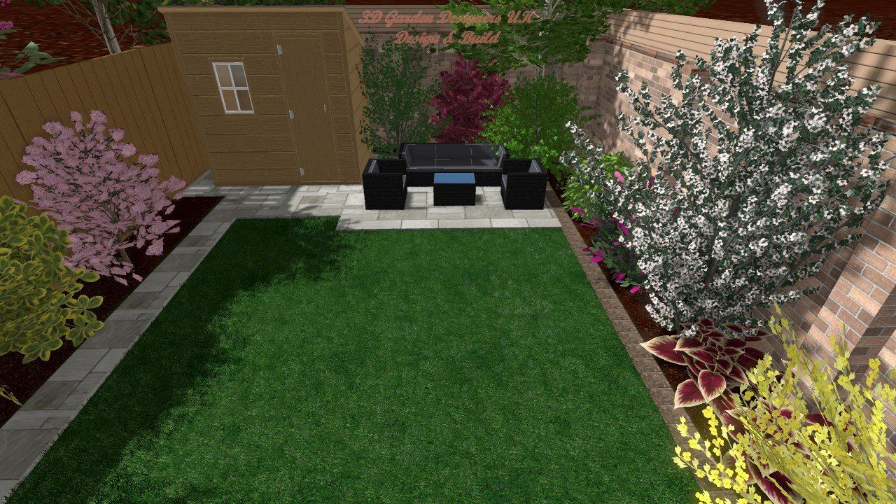 A computer generated image of a garden with a table and chairs.