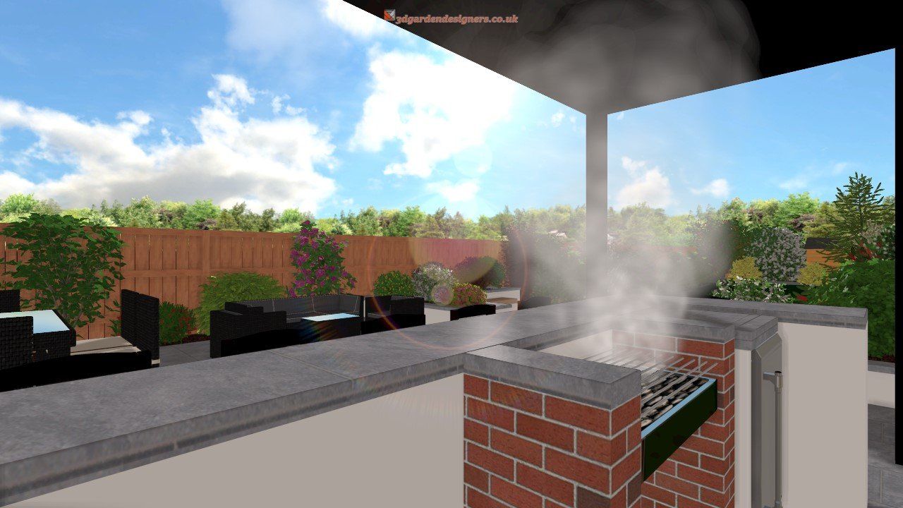 A computer generated image of a patio with a brick grill and smoke coming out of it.