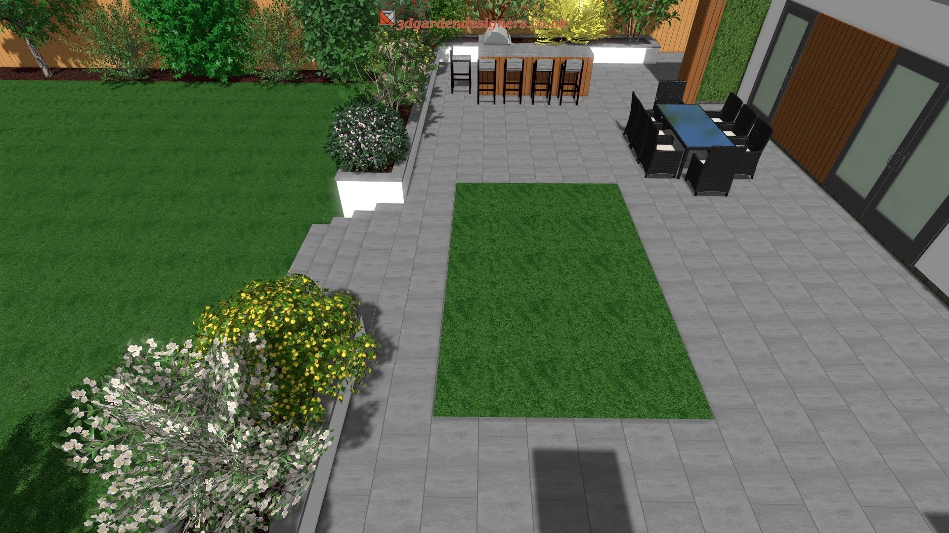 A computer generated image of a patio with a table and chairs