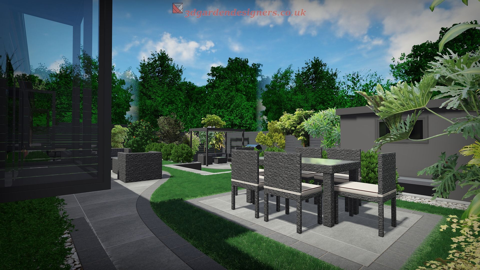 Patio with table and chairs surrounded by greenery, next to a modern home.