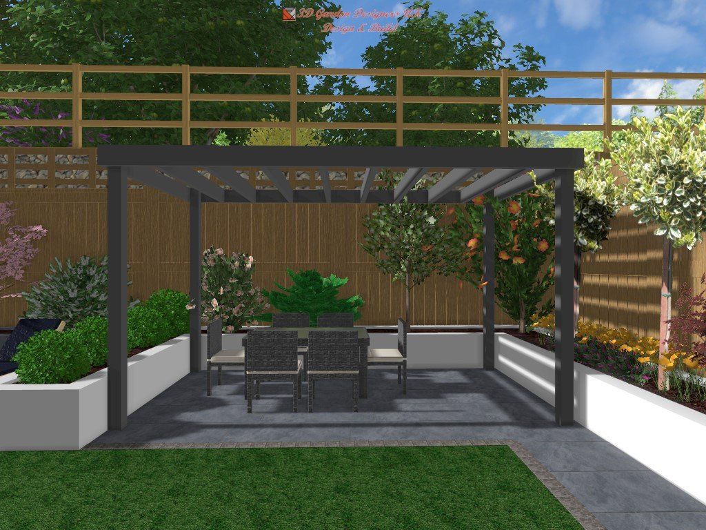 A computer generated image of a garden with a pergola and a table and chairs