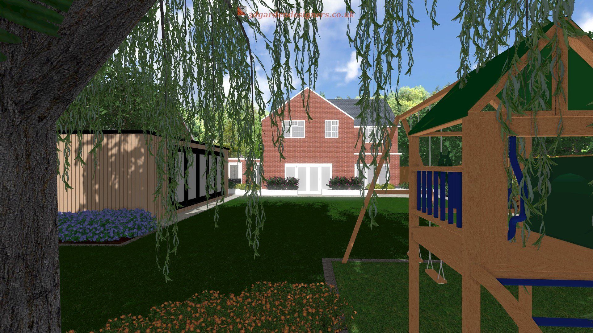A computer generated image of a house with a playground in front of it