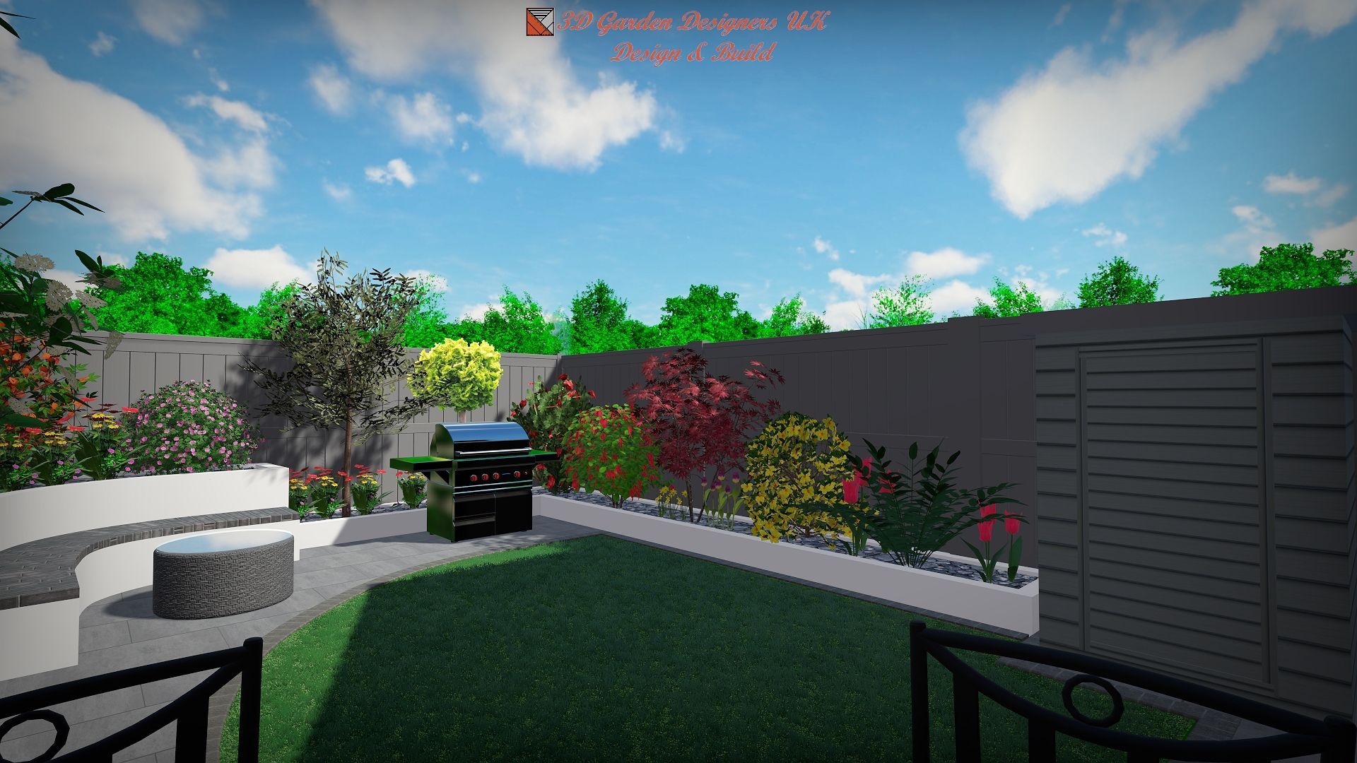 A computer generated image of a backyard with a grill and flowers.