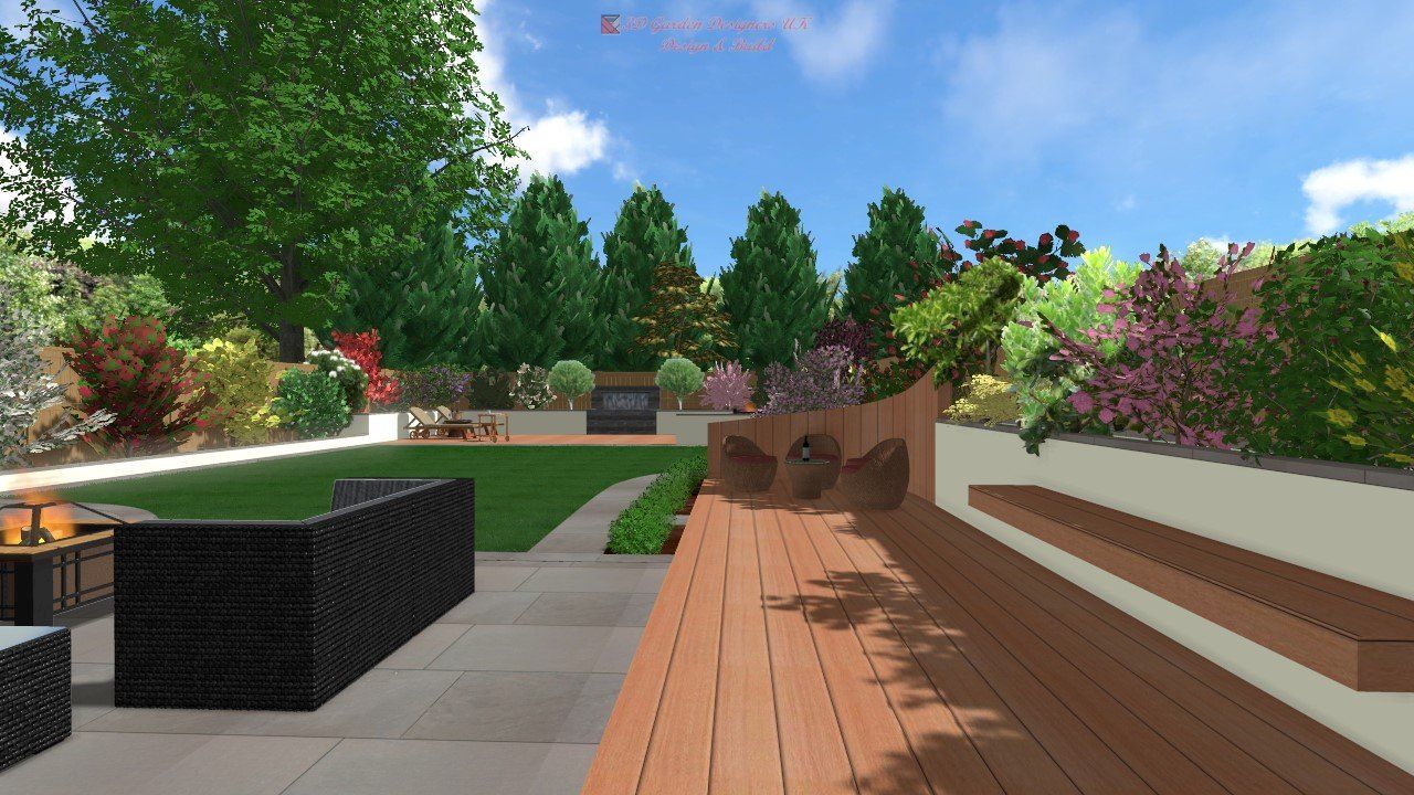 A computer generated image of a backyard with a wooden deck