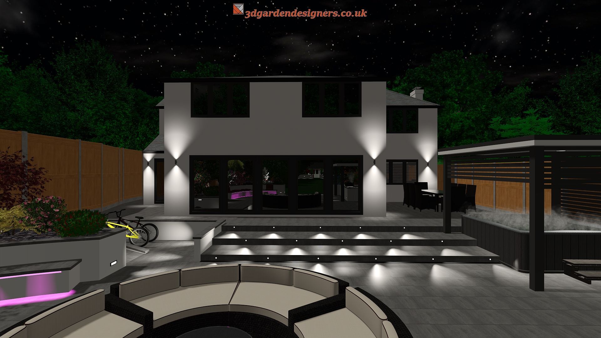 Nighttime view of a modern house with outdoor lighting, steps, patio furniture, and starry sky.