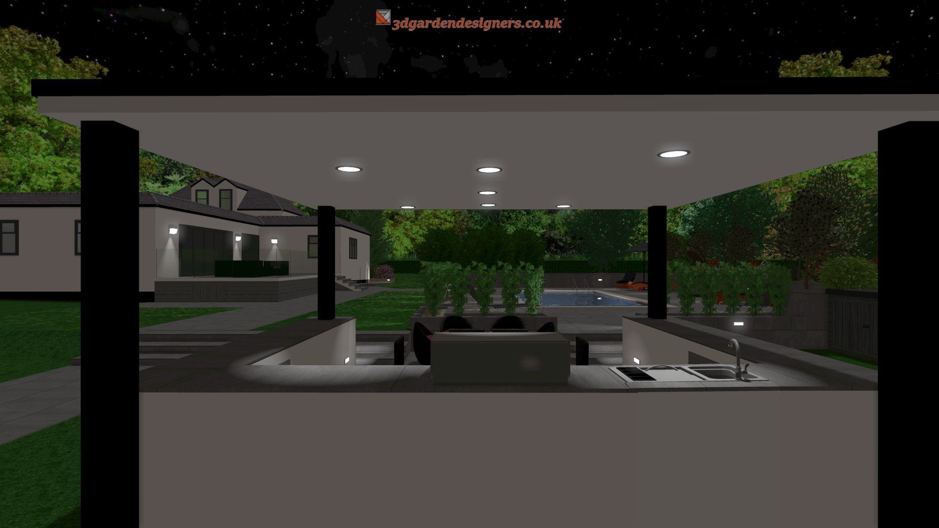 A computer generated image of a house with a pool and a living room.