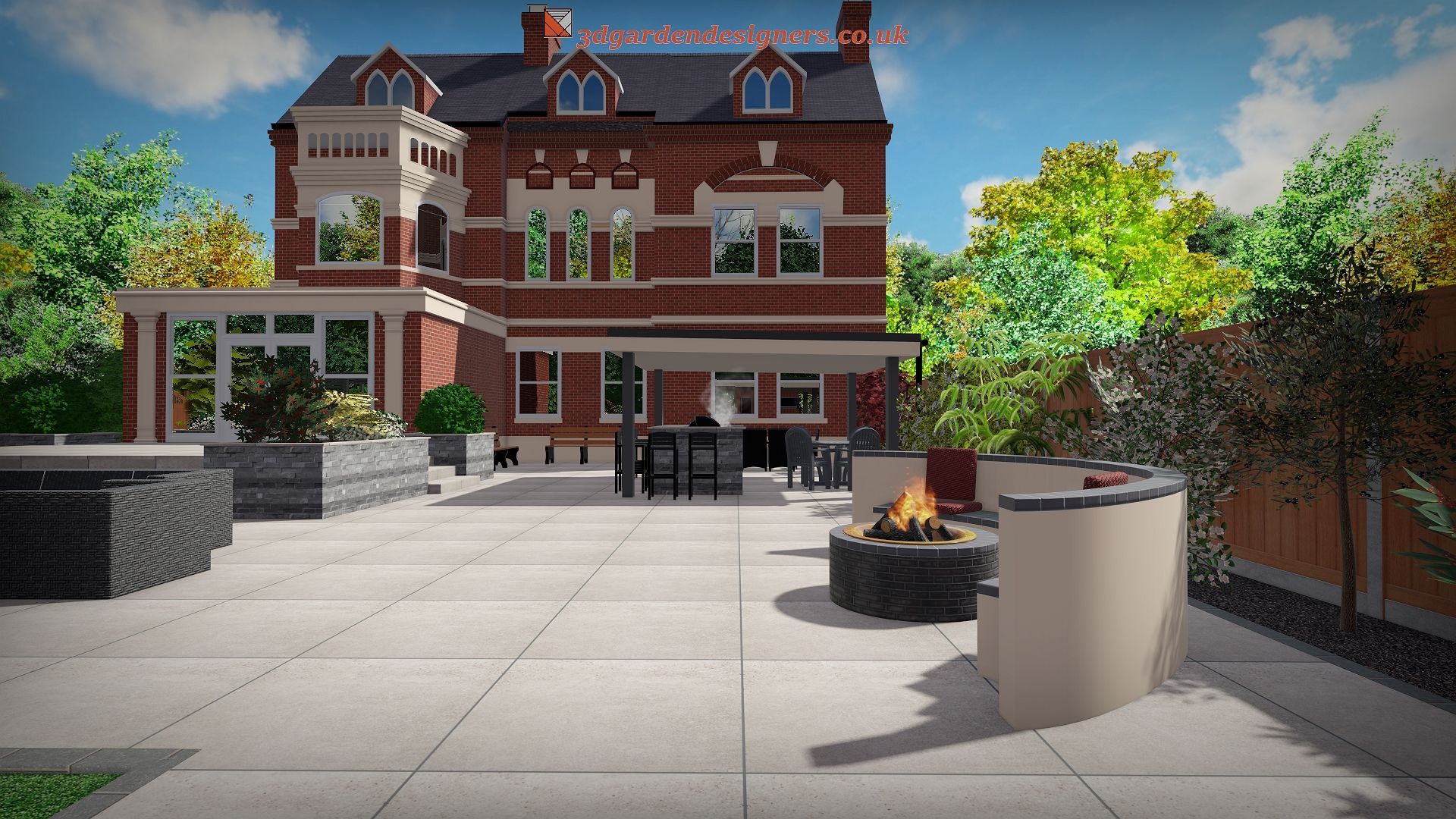 A large brick house with a fire pit in front of it.