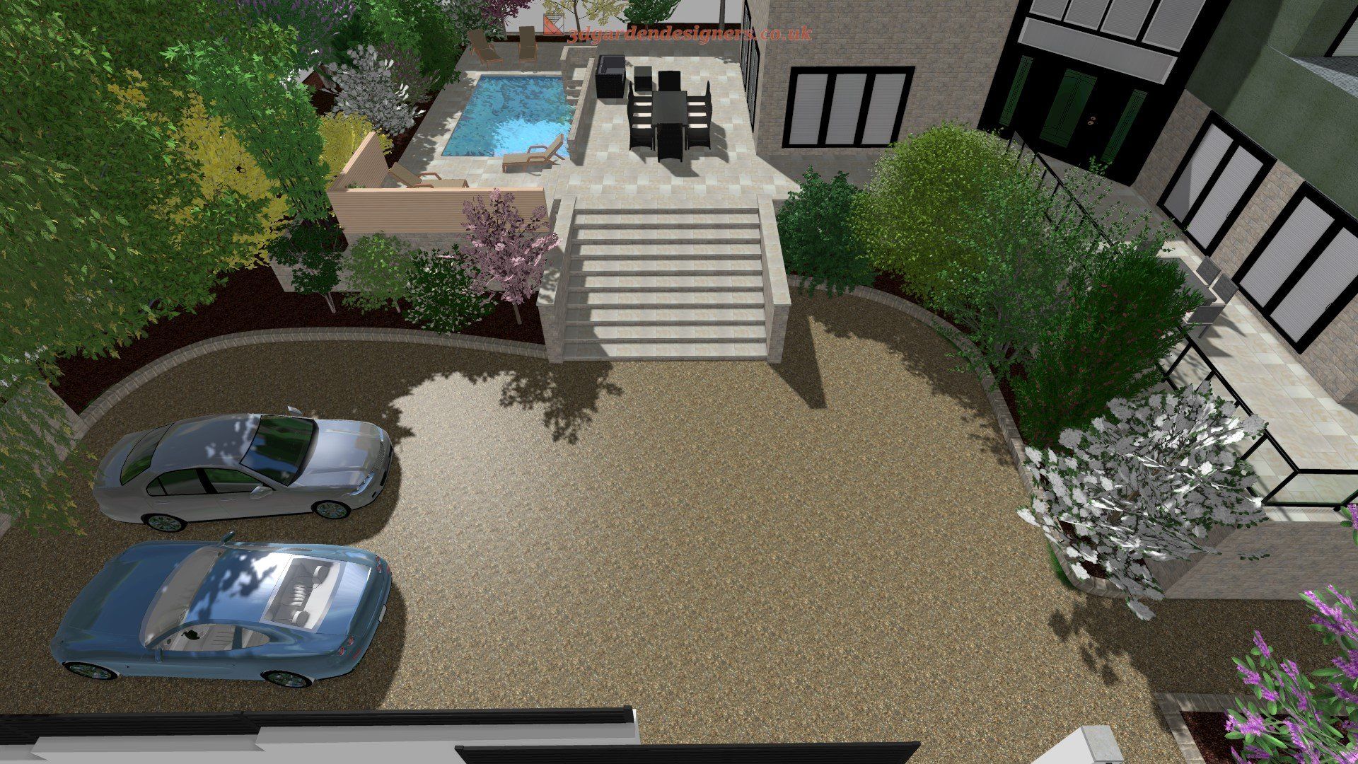 An aerial view of a house with two cars parked in front of it.