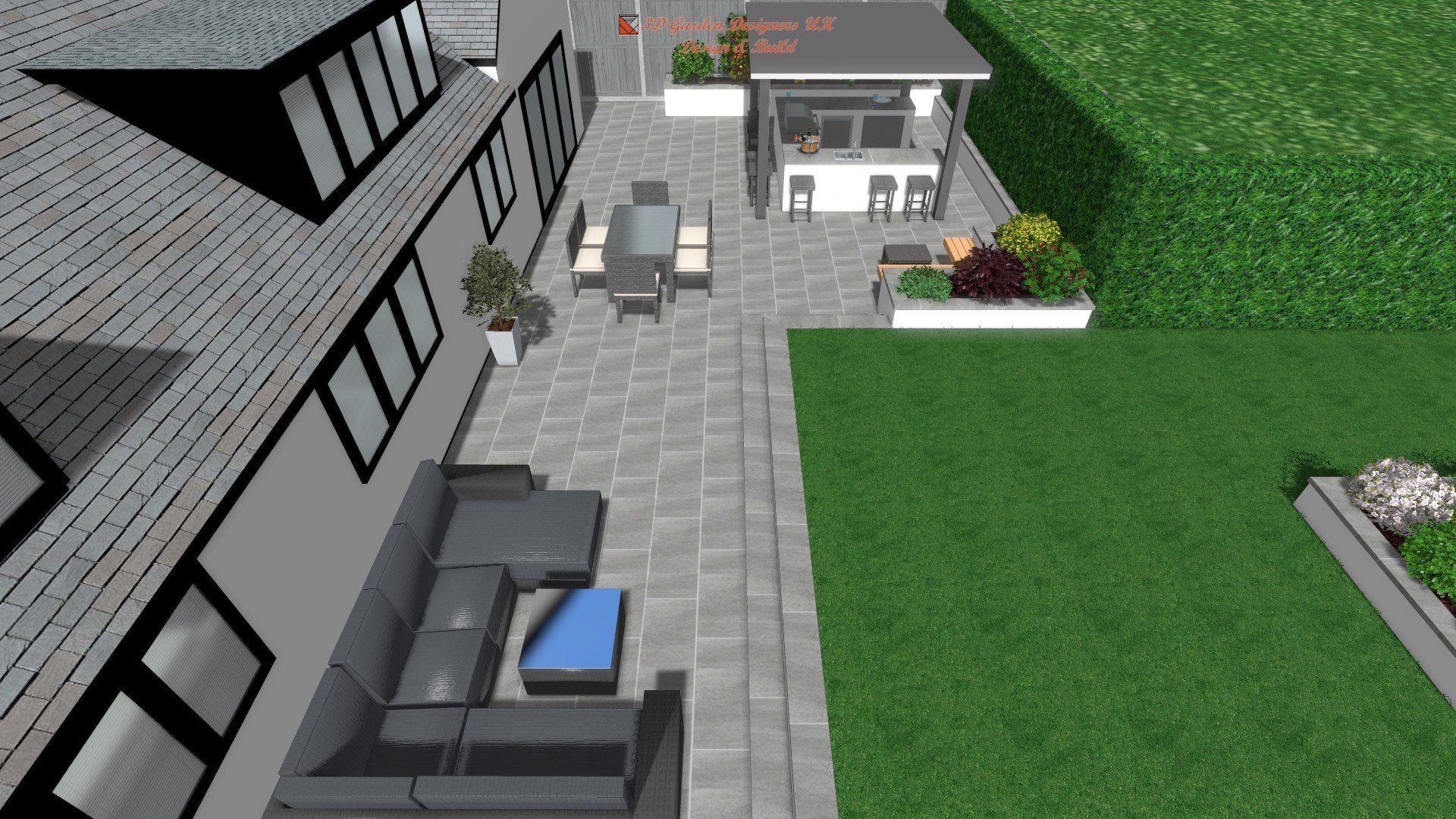 An aerial view of a patio with a couch , table and chairs.