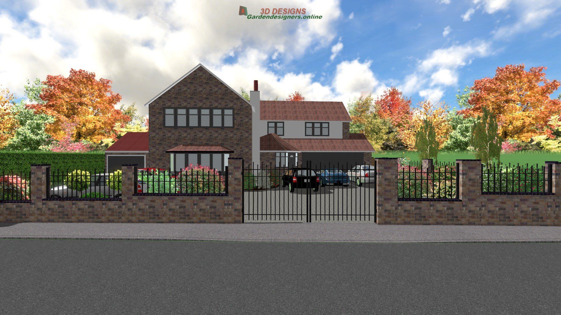 A computer generated image of a house with a fence around it