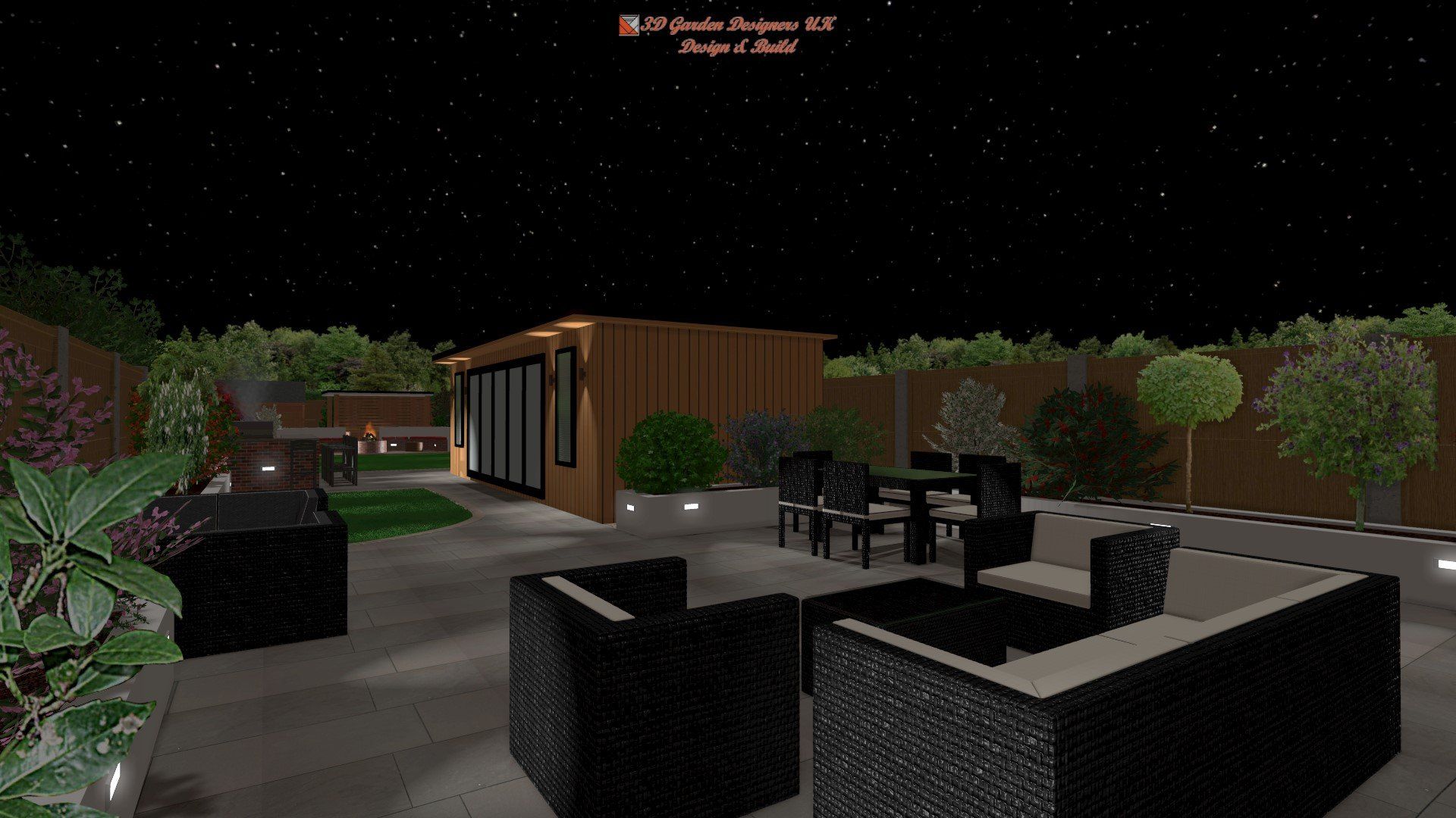 A computer generated image of a patio at night with a table and chairs.