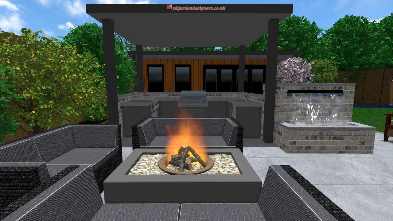 A computer generated image of a patio with a fire pit