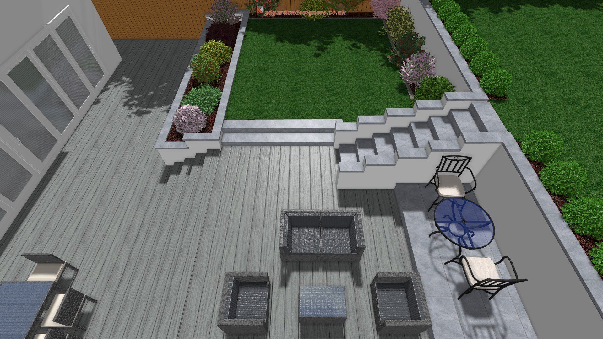 An aerial view of a patio with a table , chairs , and stairs.
