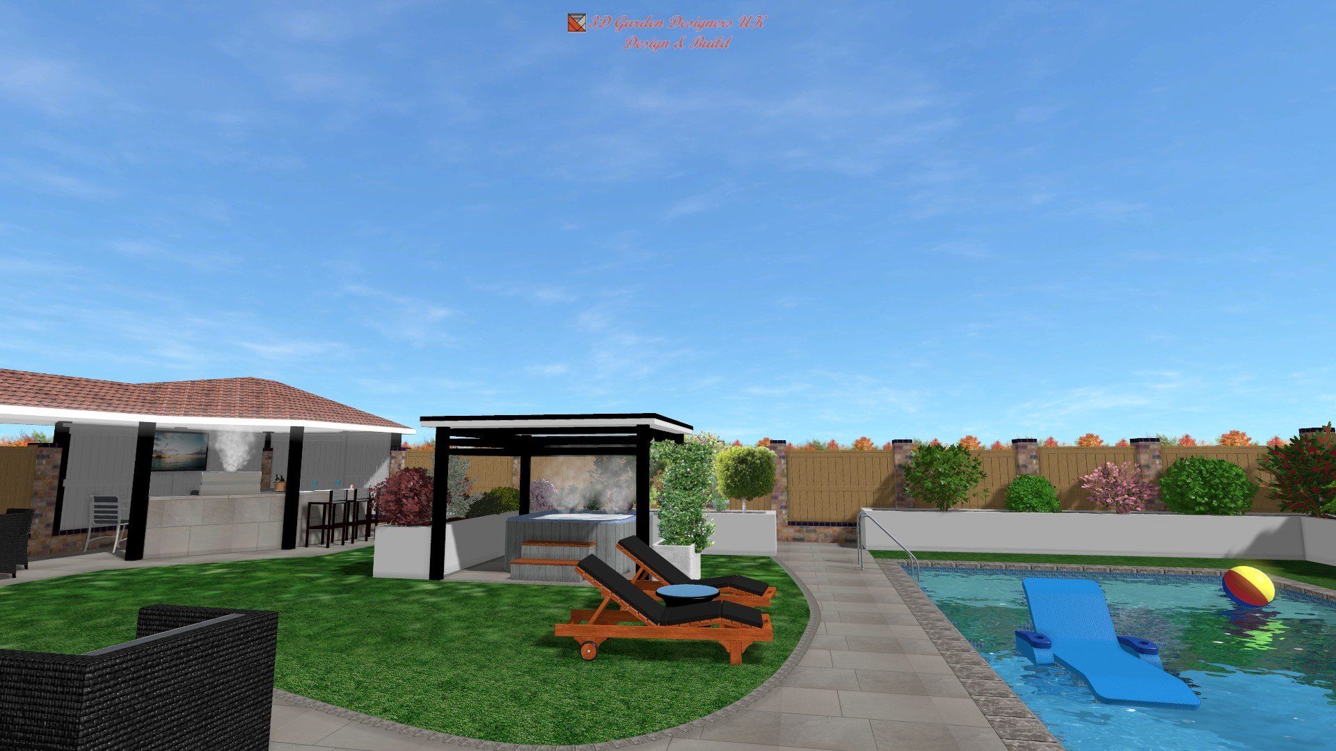 A computer generated image of a backyard with a swimming pool.