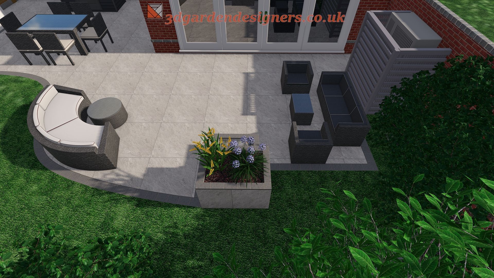 An aerial view of a patio with furniture and a planter.