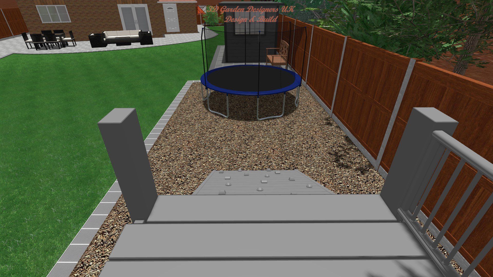A computer generated image of a backyard with a trampoline.