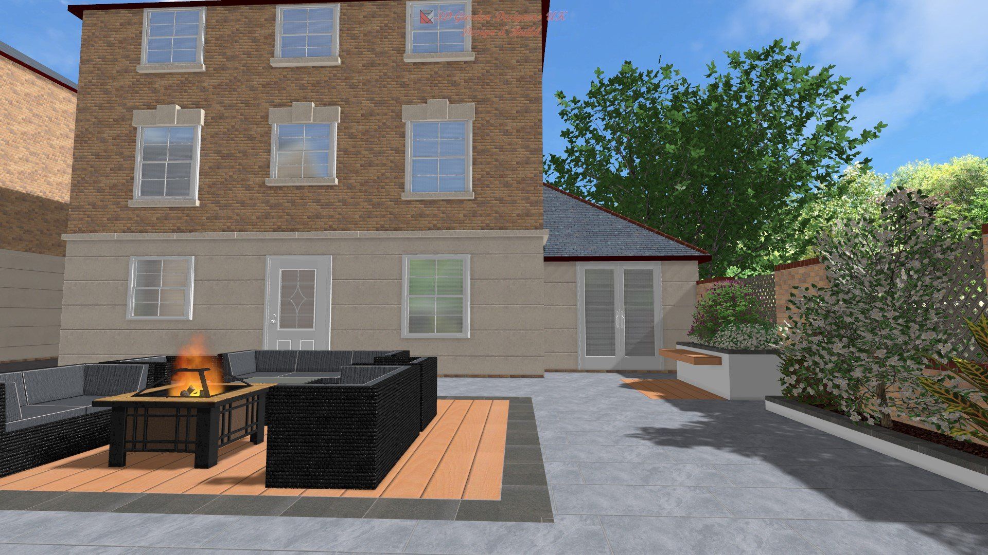 A computer generated image of a backyard with a fire pit