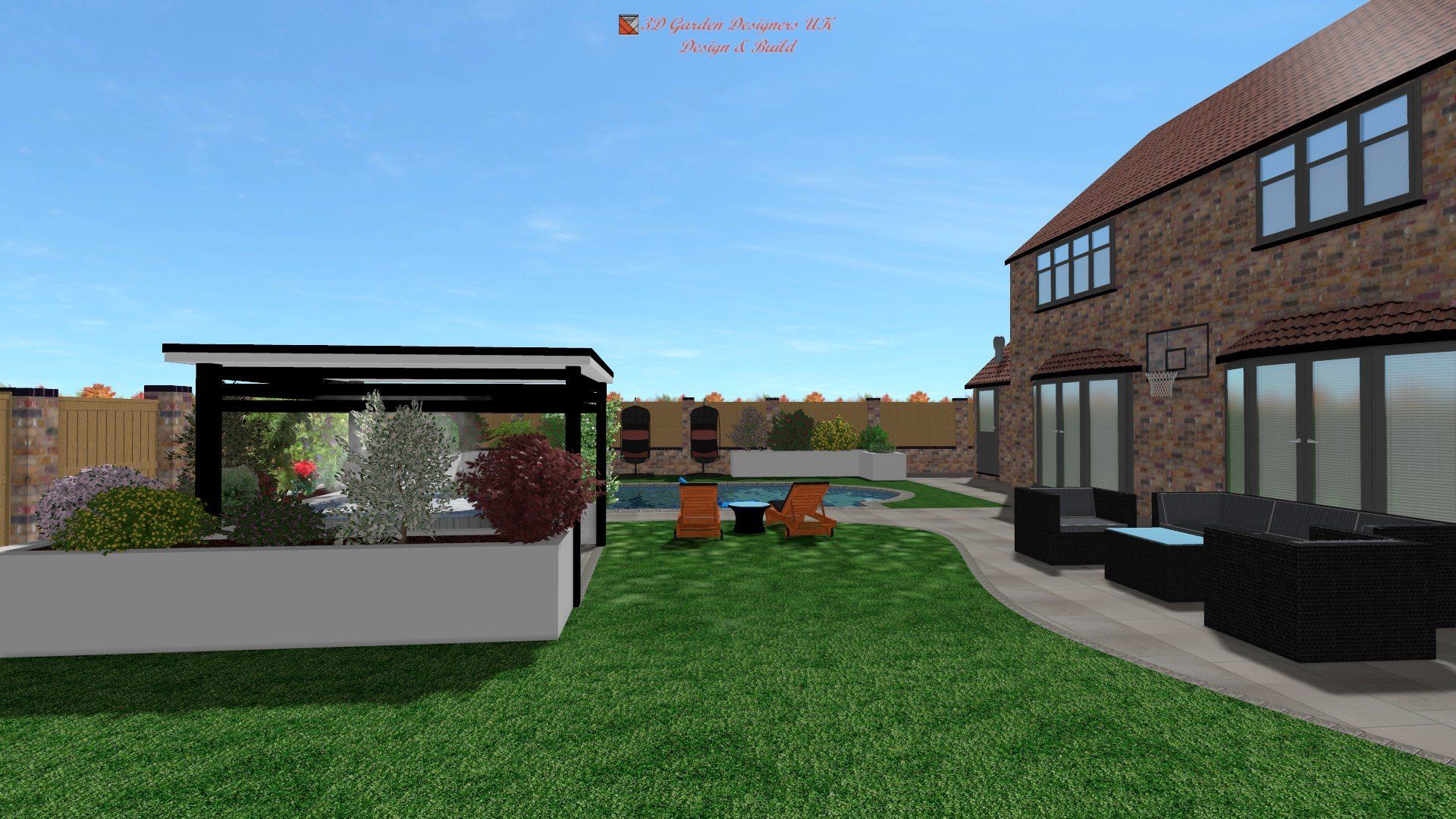 A computer generated image of a backyard with a house in the background.