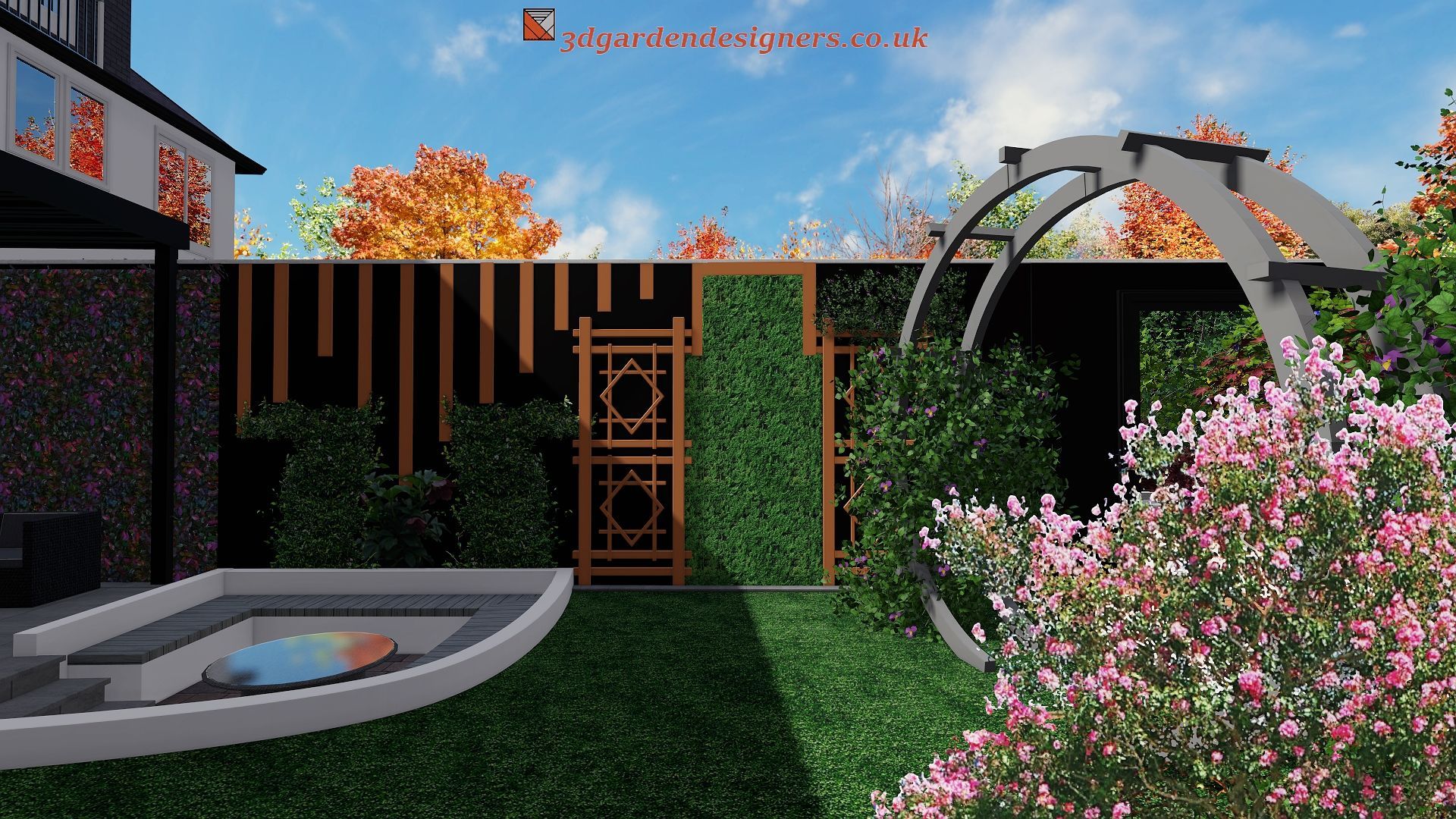 A 3d rendering of a garden with flowers and a fence.