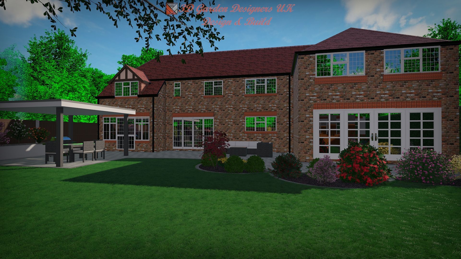 A 3D architectural rendering of a two-story brick house with large windows, a patio, and a lawn in a sunny backyard.