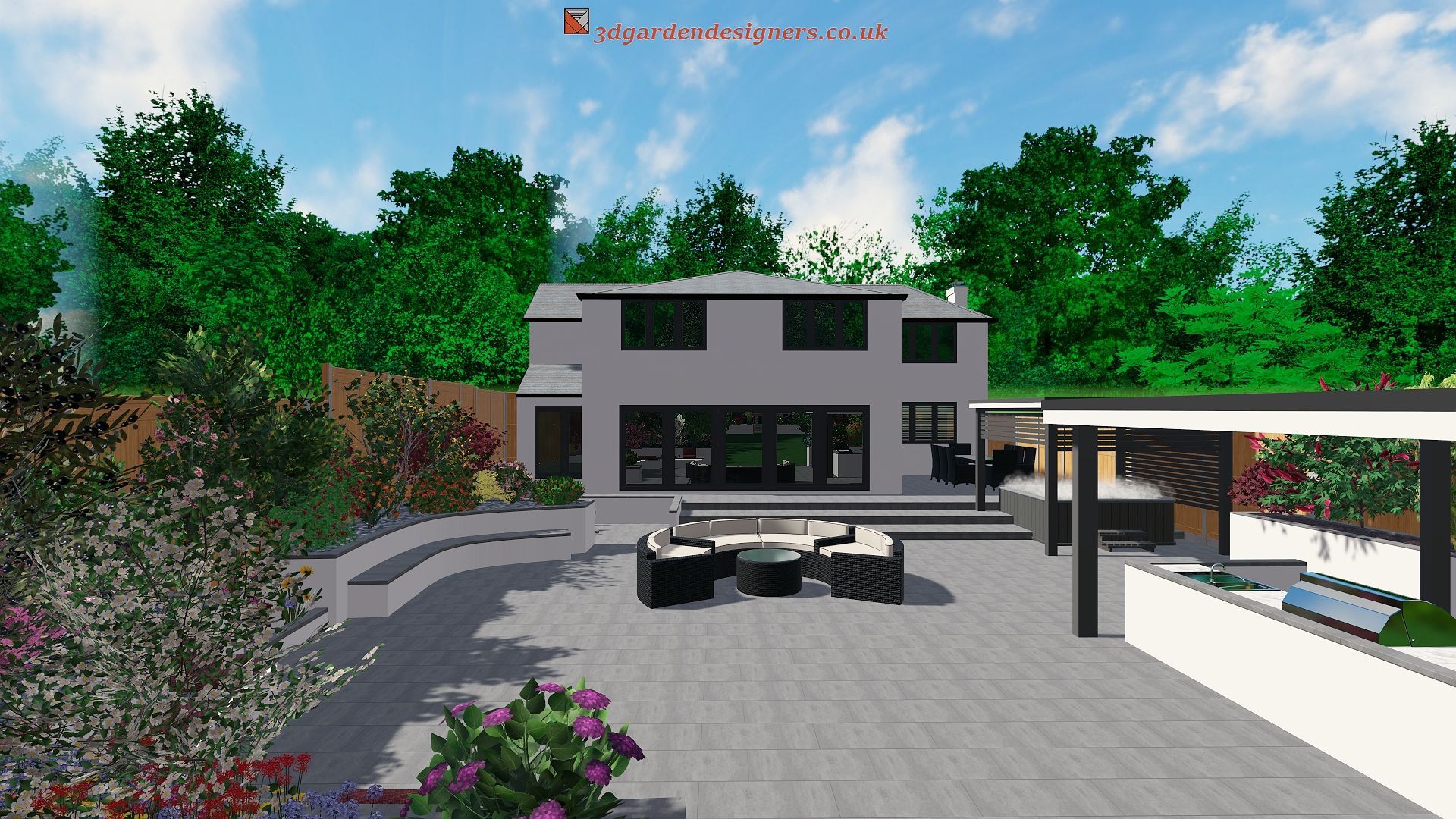 Backyard with modern gray house, patio, seating area, and lush greenery under a blue sky.