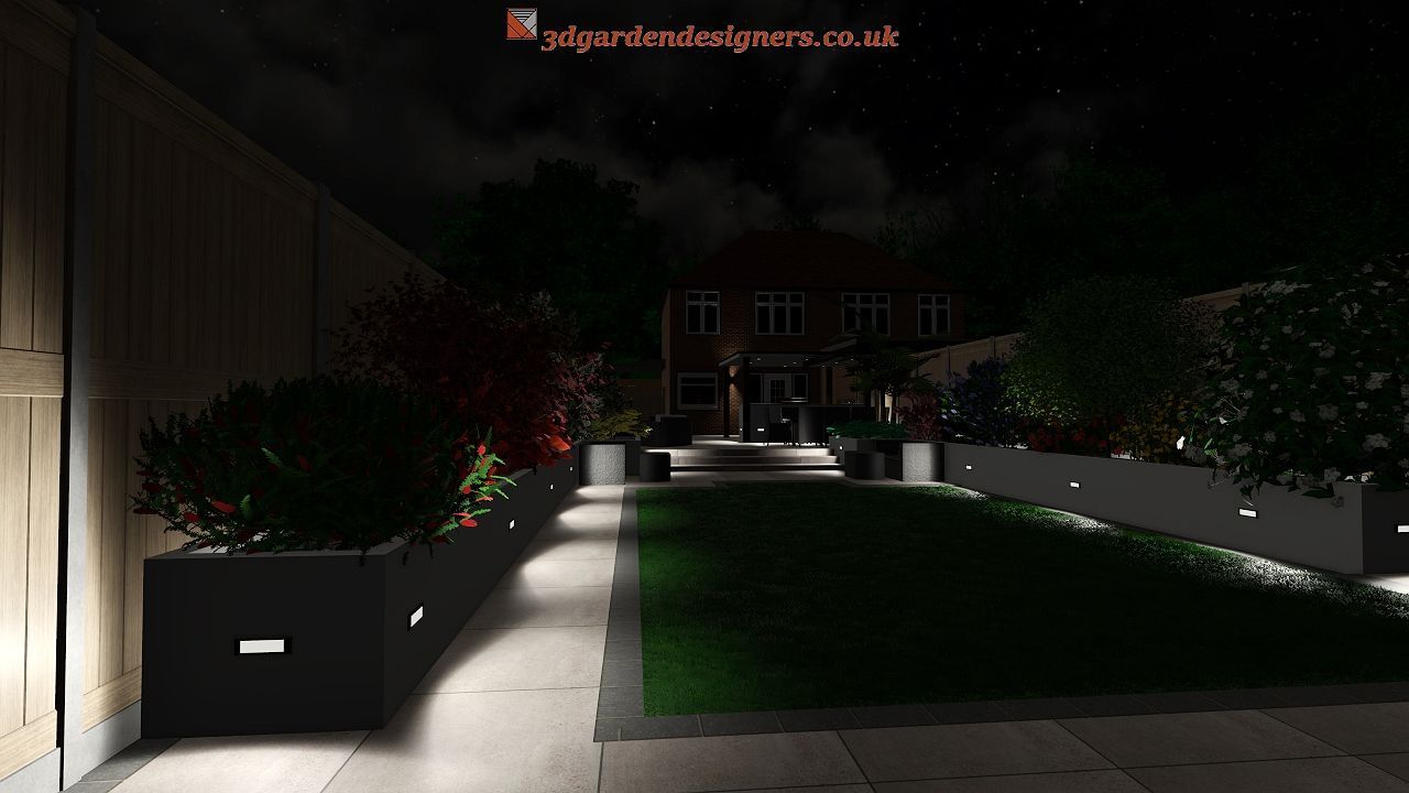 A night view of a modern garden with illuminated flowerbeds, a pathway, and a house in the background.