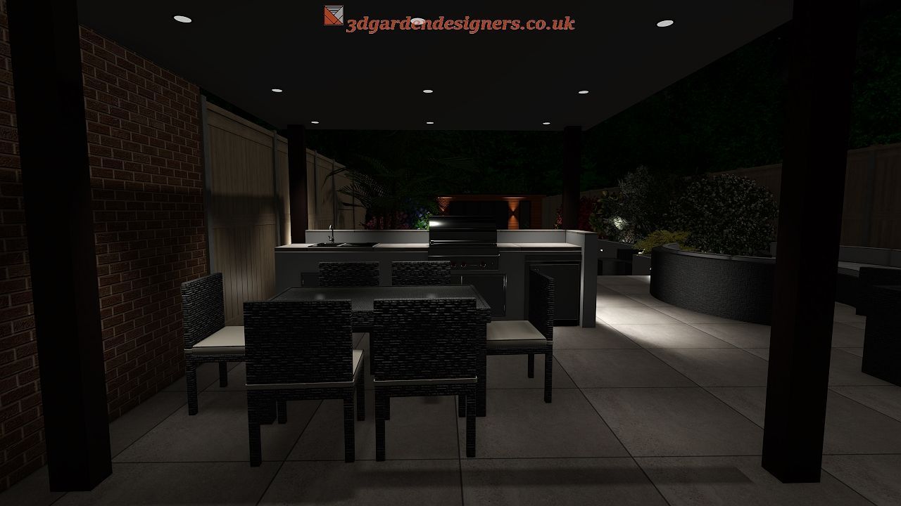 Outdoor patio with dining table and built-in barbecue area, dark with overhead lighting.