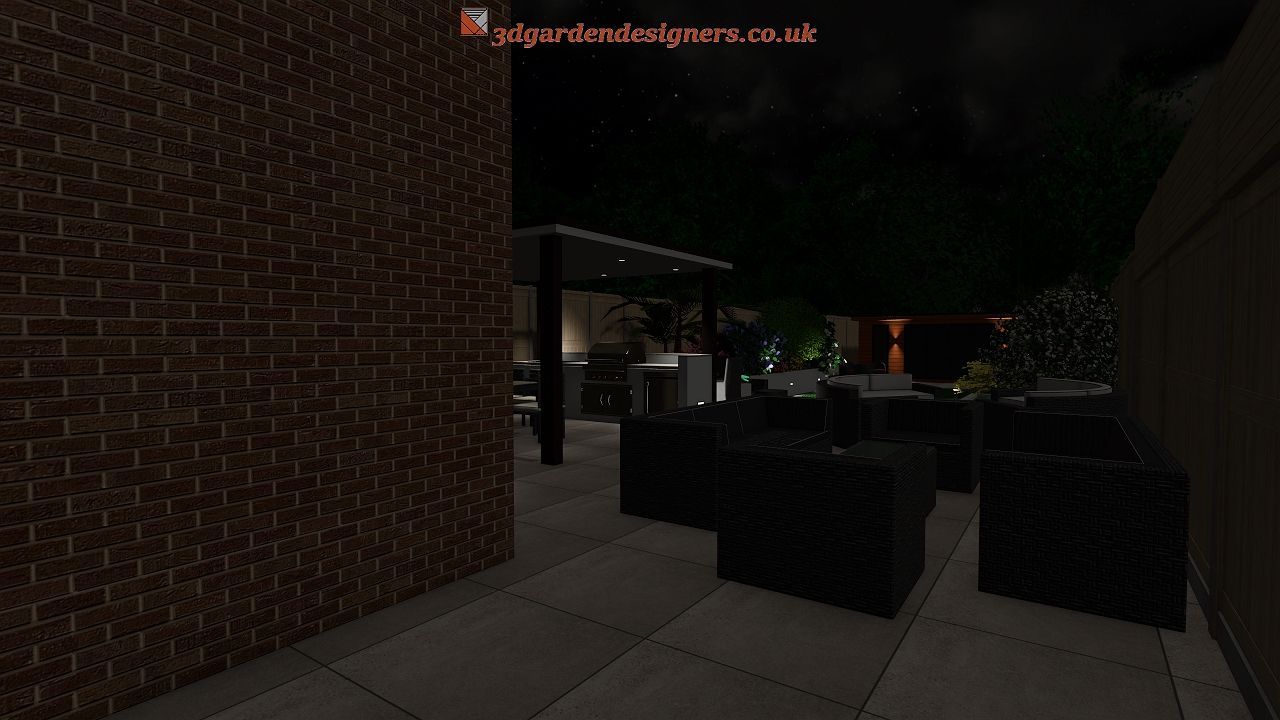 Night view of a patio with dark wicker furniture, a brick wall on the left, and a partially lit seating area.