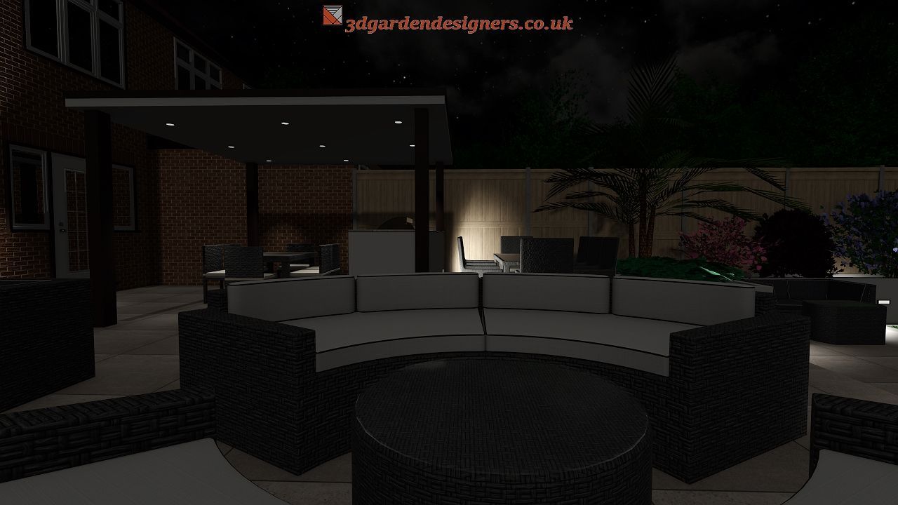 Nighttime outdoor living space with round seating, patio, and overhead cover.