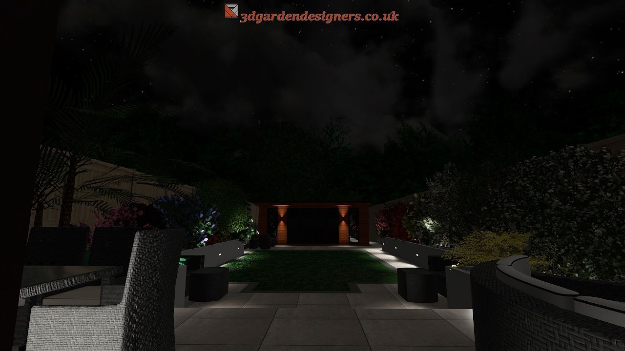 A night garden with lights, path, and patio furniture. Green foliage, dark sky, and warm lights.
