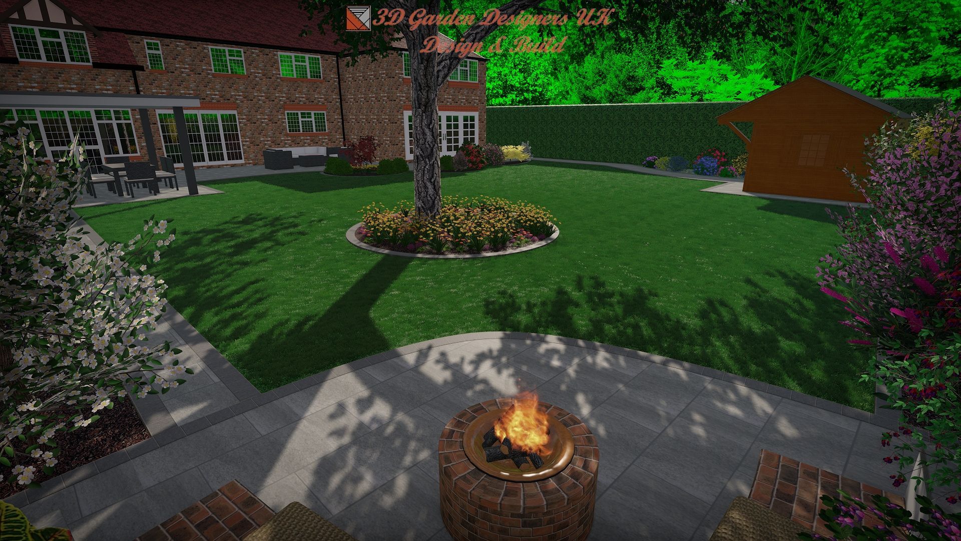 A digital garden design featuring a brick fire pit in the foreground, a central tree, green lawn, and a rear patio house.