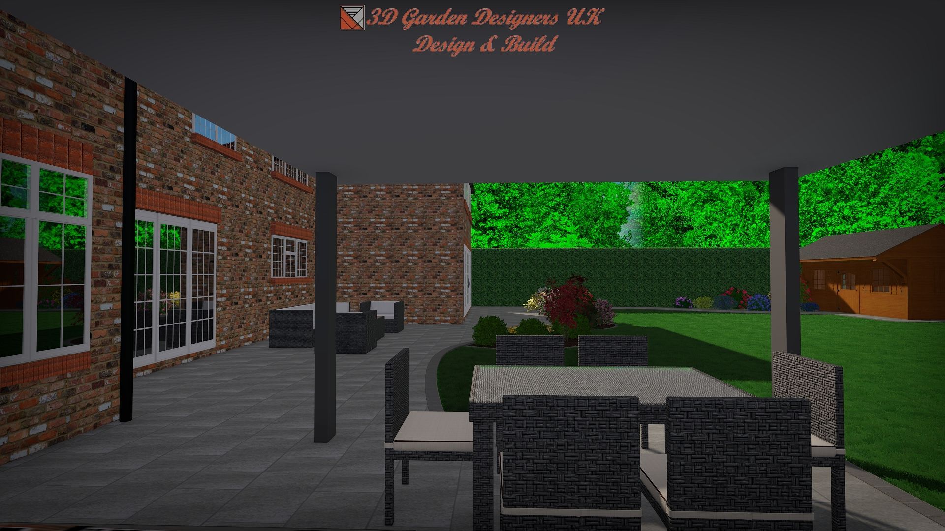 Digital rendering of a patio with a dining set and lounge furniture against a brick house overlooking a garden.