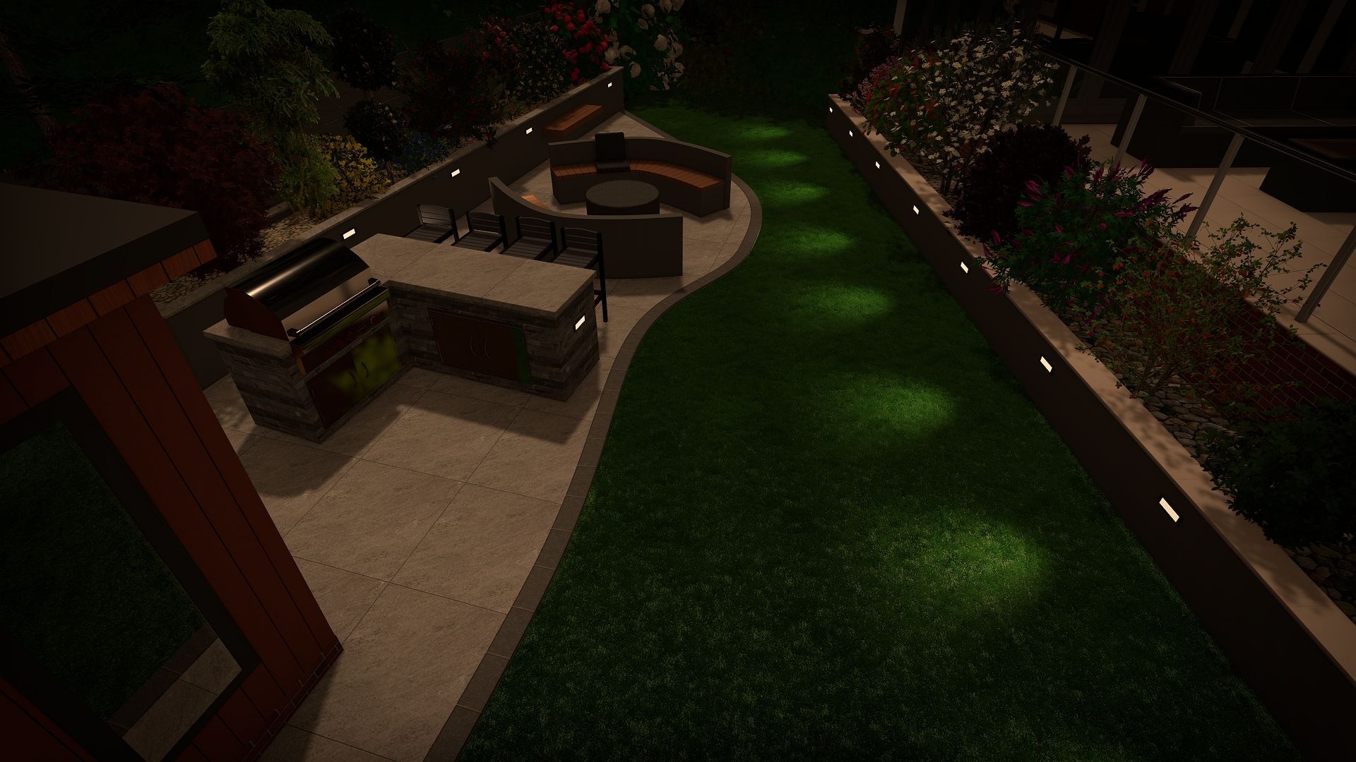 Outdoor nighttime scene with illuminated pathway and a built-in grill area.