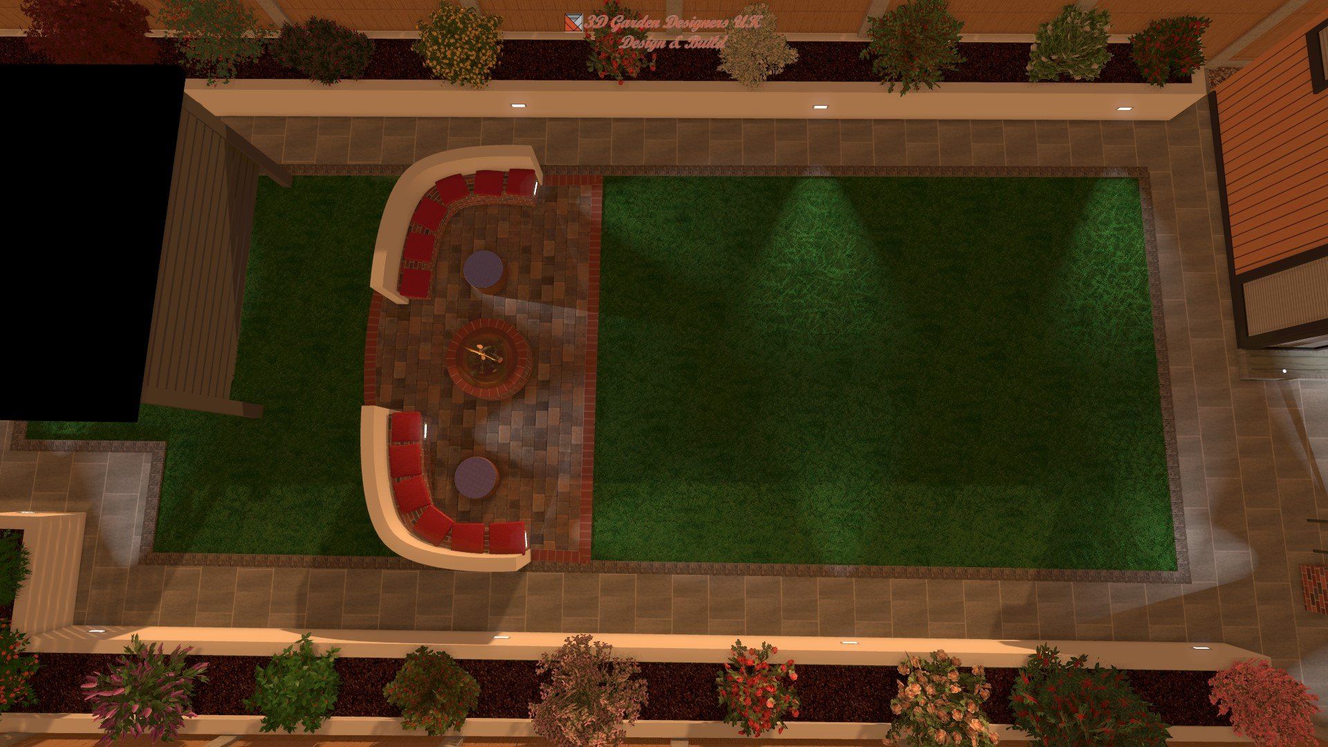 An aerial view of a garden with a swimming pool and a patio.