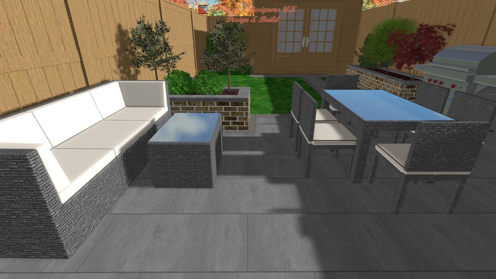 A computer generated image of a patio with a table and chairs