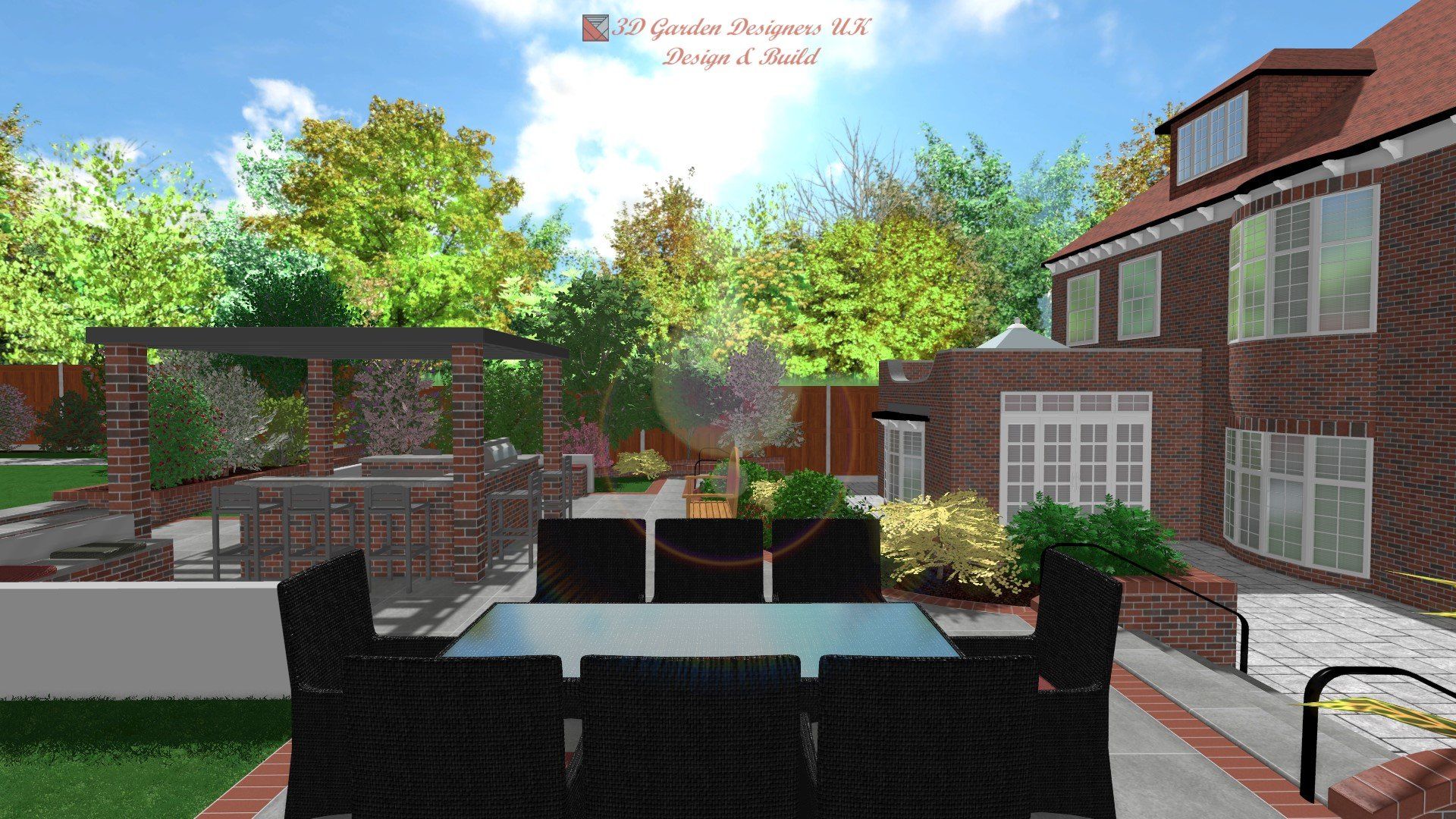 A computer generated image of a backyard with a table and chairs